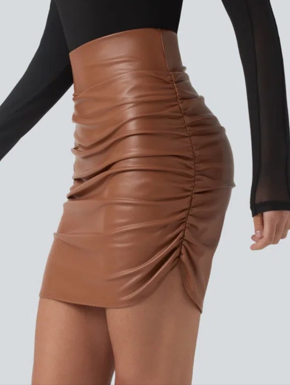 Halara- High-Waist Ruched Faux Leather Mini Skirt - Rustic Brown